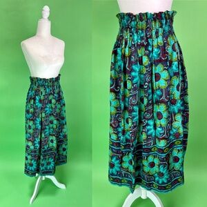 Vintage Teal Floral Block Print Cotton Skirt with Bunched Waist - Size S/M/L